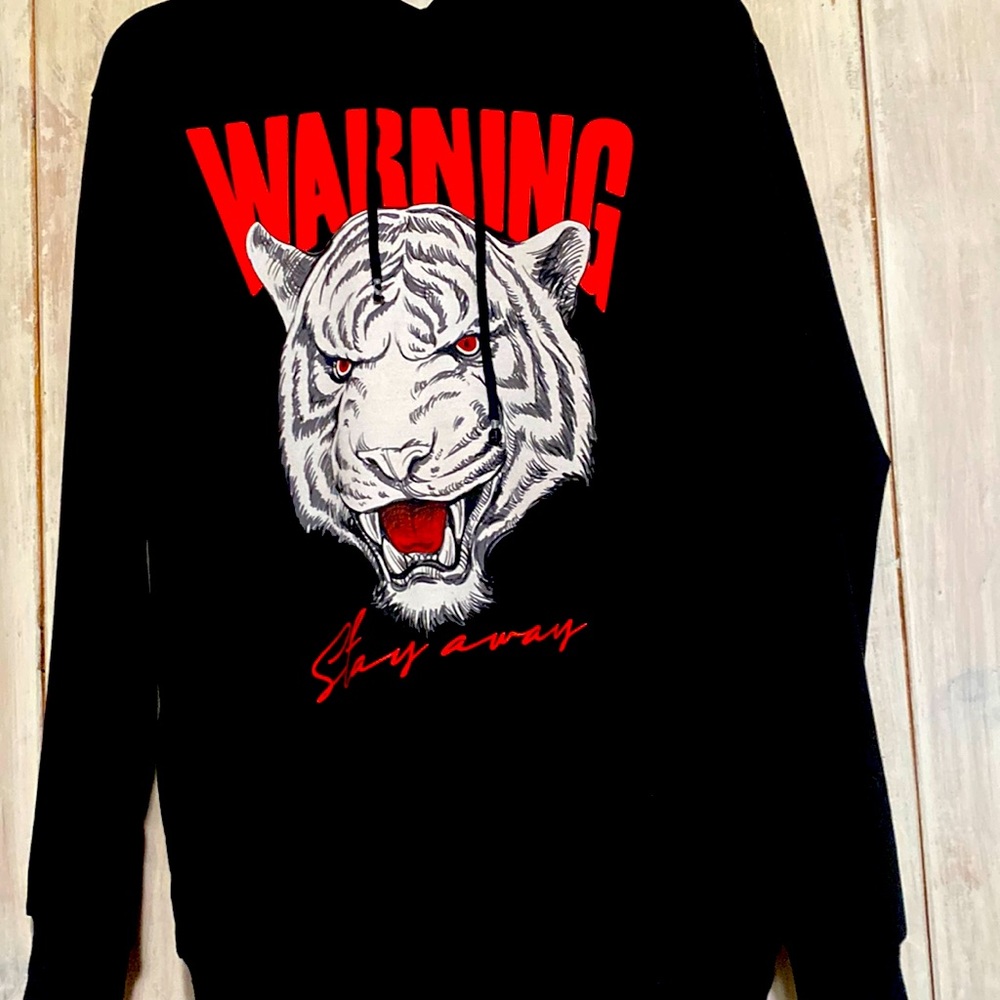 Medium men’s WARNING Stay Away hoodie with white tiger image